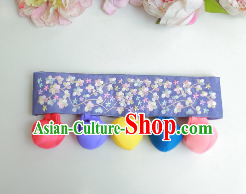 Traditional Korean Accessories Embroidered Flowers Blue Waist Belts, Asian Korean Fashion Waistband Decorations for Kids
