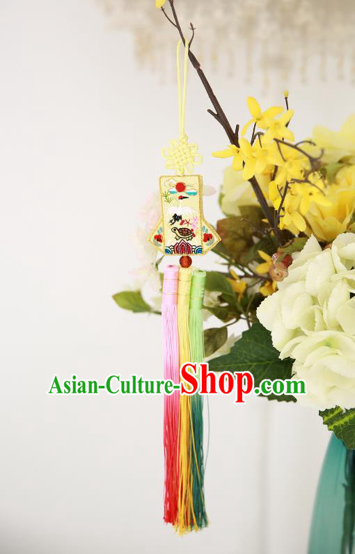 Asian Korean Hanbok Embroidered Yellow Waist Decorations, Korean National Belts Accessories Wedding Bride Waist Pendant for Kids