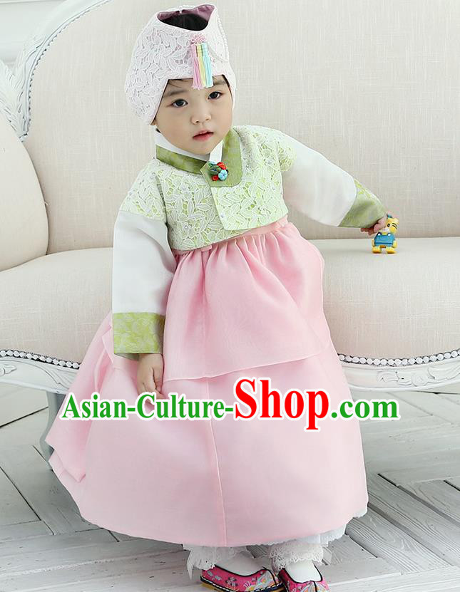 Korean National Handmade Formal Occasions Girls Clothing Palace Hanbok Costume Embroidered Green Lace Blouse and Pink Dress for Kids