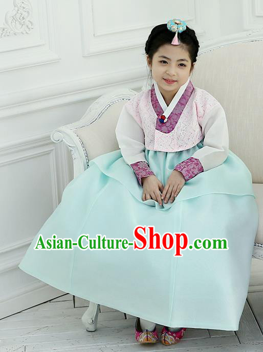 Korean National Handmade Formal Occasions Girls Clothing Palace Hanbok Costume Embroidered Pink Lace Blouse and Green Dress for Kids