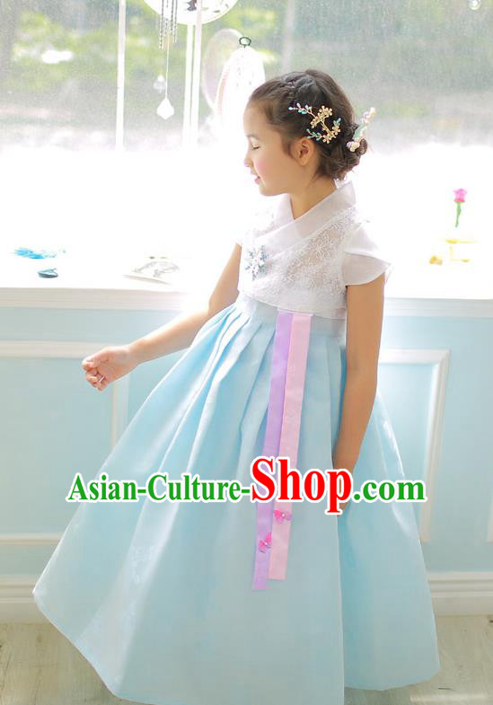 Korean National Handmade Formal Occasions Girls Clothing Palace Hanbok Costume Embroidered White Lace Blouse and Blue Dress for Kids