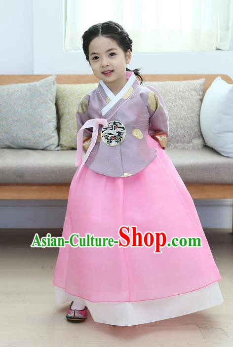 Korean National Handmade Formal Occasions Girls Clothing Palace Hanbok Costume Embroidered Purple Blouse and Pink Dress for Kids