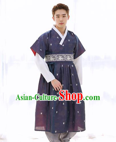 Asian Korean National Traditional Formal Occasions Wedding Bridegroom Embroidery Navy Vest Hanbok Costume Complete Set for Men