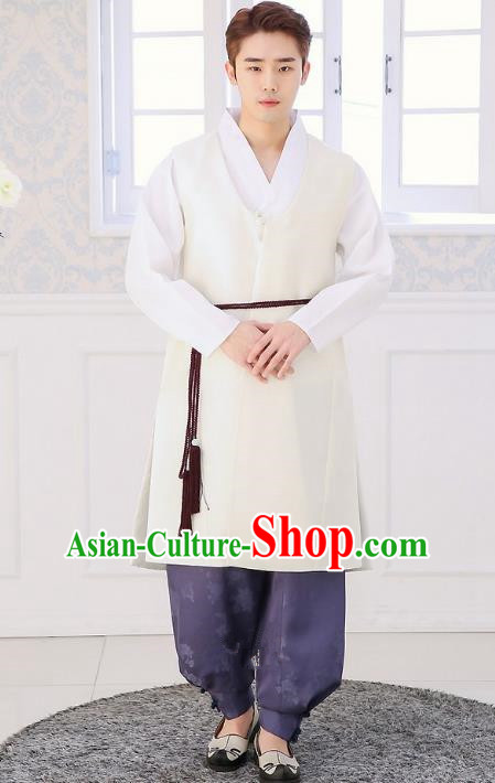 Asian Korean National Traditional Formal Occasions Wedding Bridegroom Embroidery White Long Vest Hanbok Costume Complete Set for Men