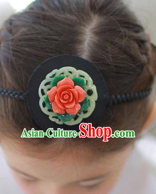 Korean National Bride Hair Accessories Red Flowers Hair Clasp, Asian Korean Hanbok Palace Headband Headwear for Kids