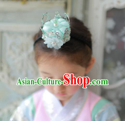 Korean National Bride Hair Accessories Blue Flowers Hair Clasp, Asian Korean Hanbok Palace Headband Headwear for Kids