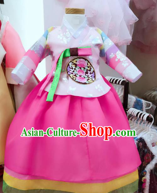 Korean National Handmade Formal Occasions Girls Clothing Palace Hanbok Costume Embroidered Pink Blouse and Rosy Dress for Kids