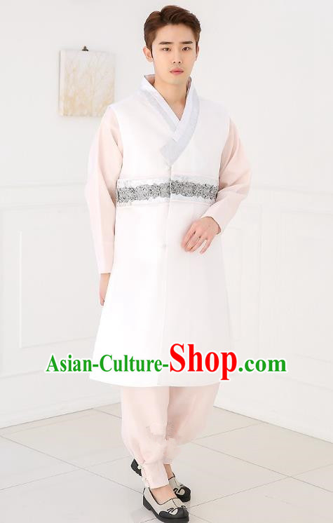 Asian Korean National Traditional Formal Occasions Wedding Bridegroom Embroidery White Long Vest Palace Hanbok Costume Complete Set for Men