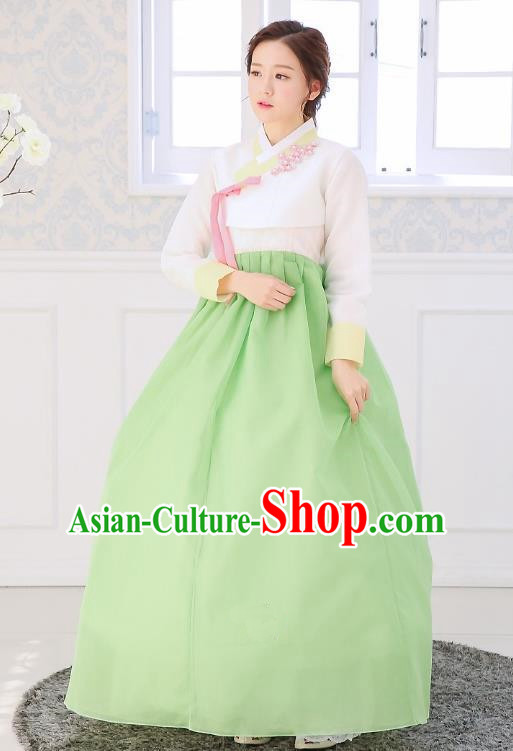 Top Grade Korean National Handmade Wedding Clothing Palace Bride Hanbok Costume Embroidered White Blouse and Green Dress for Women