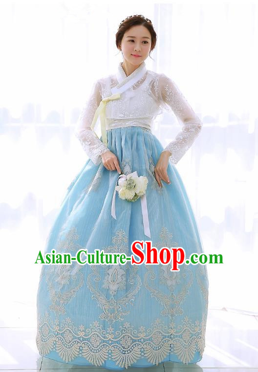 Top Grade Korean National Handmade Wedding Clothing Palace Bride Hanbok Costume Embroidered White Lace Blouse and Blue Dress for Women