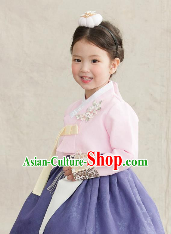 Korean National Handmade Formal Occasions Girls Clothing Palace Hanbok Costume Embroidered Pink Blouse and Purple Dress for Kids