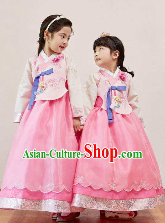 Korean National Handmade Formal Occasions Girls Clothing Palace Hanbok Costume Embroidered Pink Blouse and Pink Dress for Kids