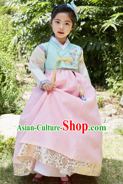 Traditional Korean National Handmade Formal Occasions Girls Clothing Palace Hanbok Costume Embroidered Green Blouse and Pink Dress for Kids