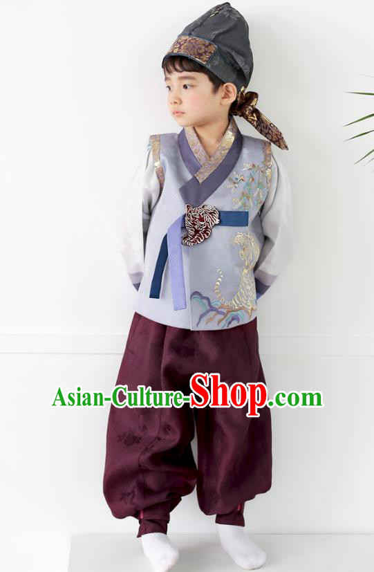 Asian Korean National Traditional Handmade Formal Occasions Boys Embroidery Grey Blue Vest Hanbok Costume Complete Set for Kids