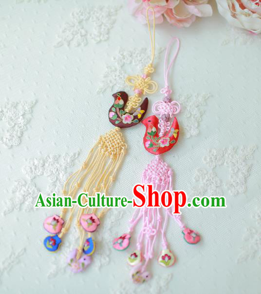 Asian Korean Hanbok Embroidered Bird Tassel Waist Decorations, Korean National Belts Accessories Wedding Bride Waist Pendant for Kids