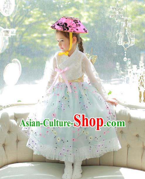 Traditional Korean National Handmade Formal Occasions Girls Palace Hanbok Costume Embroidered White Lace Blouse and Green Dress for Kids