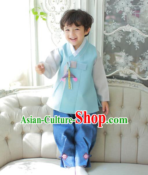 Asian Korean National Traditional Handmade Formal Occasions Boys Embroidered Green Vest Hanbok Costume Complete Set for Kids