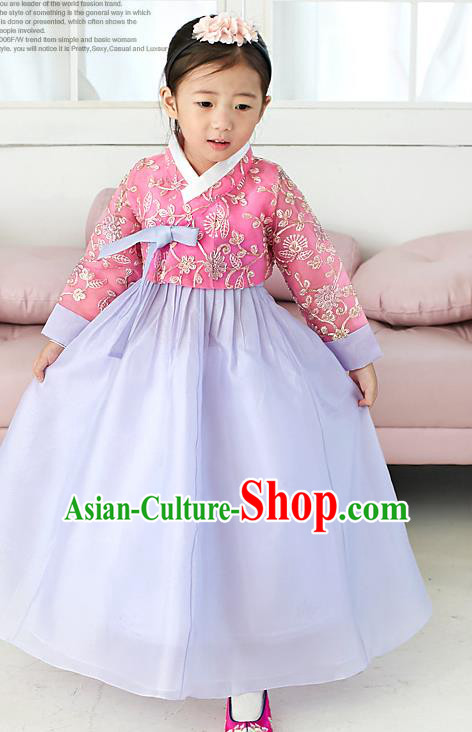 Traditional Korean National Handmade Formal Occasions Girls Palace Hanbok Costume Embroidered Red Blouse and Purple Dress for Kids