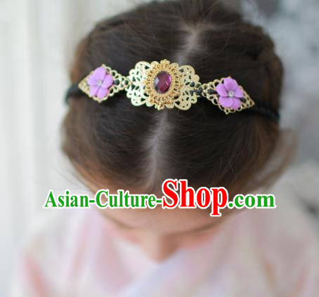 Korean National Bride Hair Accessories Purple Crystal Hair Clasp, Asian Korean Hanbok Palace Headband Headwear for Kids