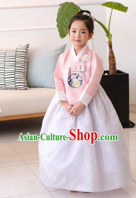 Traditional Korean National Handmade Formal Occasions Girls Clothing Palace Hanbok Costume Embroidered Pink Blouse and White Dress for Kids