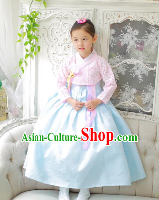 Traditional Korean National Handmade Formal Occasions Girls Clothing Palace Hanbok Costume Embroidered Pink Blouse and Blue Dress for Kids