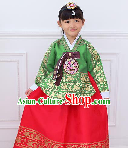 Top Grade Korean National Handmade Wedding Palace Bride Hanbok Costume Embroidered Green Blouse and Red Dress for Kids