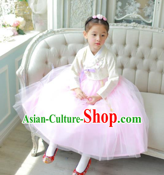 Traditional Korean National Handmade Formal Occasions Girls Clothing Palace Hanbok Costume Embroidered White Blouse and Pink Veil Dress for Kids