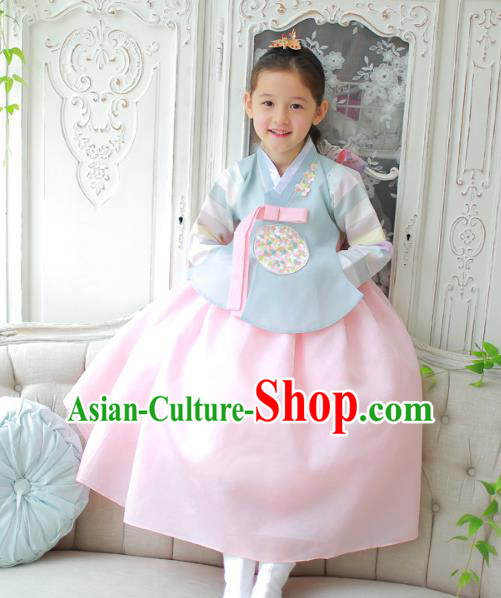 Traditional Korean National Handmade Formal Occasions Girls Clothing Palace Hanbok Costume Embroidered Blue Blouse and Pink Dress for Kids