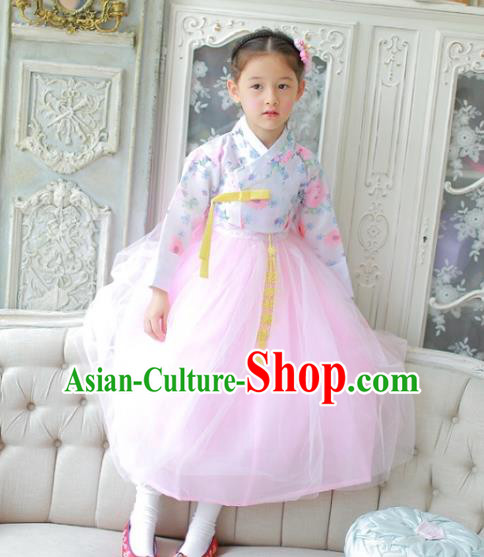 Traditional Korean National Handmade Formal Occasions Girls Clothing Palace Hanbok Costume Printing Blouse and Pink Dress for Kids