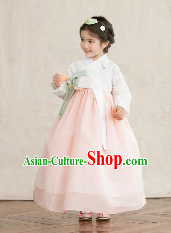 Traditional Korean National Handmade Formal Occasions Girls Clothing Palace Hanbok Costume Embroidered White Blouse and Pink Dress for Kids