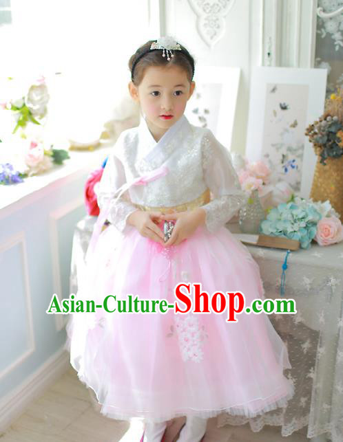 Traditional Korean National Handmade Formal Occasions Girls Palace Hanbok Costume Embroidered White Lace Blouse and Pink Dress for Kids