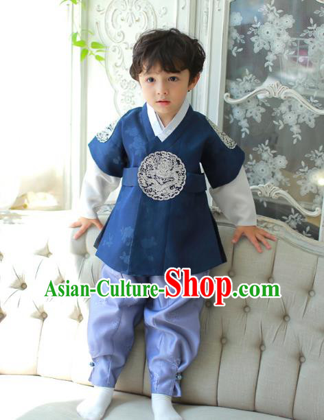 Asian Korean National Traditional Handmade Formal Occasions Boys Embroidery Clothing Deep Blue Vest Hanbok Costume Complete Set for Kids