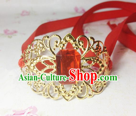 Traditional Handmade Chinese Ancient Classical Hair Accessories Royal Highness Red Crystal Tuinga Hairdo Crown for Men