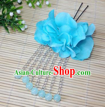 Traditional Chinese Ancient Classical Hair Accessories Blue Flowers Beads Tassel Step Shake Bride Hairpins for Women