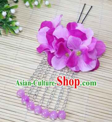 Traditional Chinese Ancient Classical Hair Accessories Purple Flowers Beads Tassel Step Shake Bride Hairpins for Women