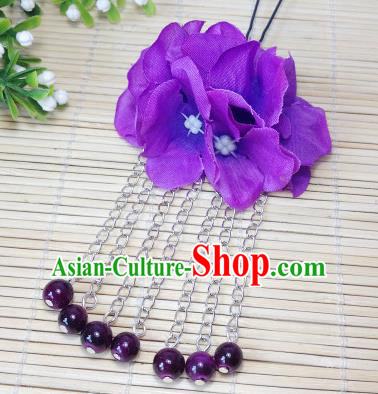 Traditional Chinese Ancient Classical Hair Accessories Deep Purple Flowers Beads Tassel Step Shake Bride Hairpins for Women