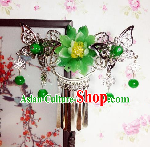 Traditional Chinese Ancient Classical Hair Accessories Princess Green Flower Butterfly Hair Comb Tassel Step Shake Hairpins for Women
