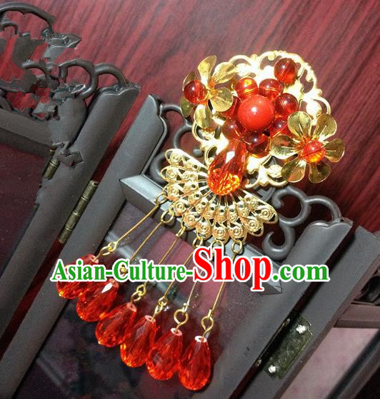 Traditional Chinese Ancient Classical Hair Accessories Bride Red Tassel Forehead Ornament Step Shake Hairpins for Women