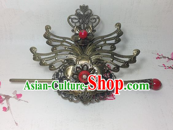 Traditional Handmade Chinese Classical Hair Accessories, Ancient Royal Highness Tuinga Red Beads Bronze Hairdo Crown for Men