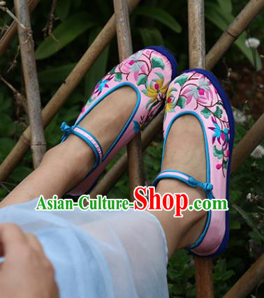 Asian Chinese Traditional Shoes Bride Pink Embroidered Shoes, China Peking Opera Handmade Embroidery Lotus Shoe Hanfu Princess Shoes for Women