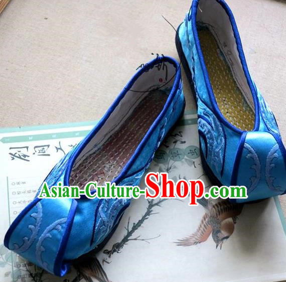 Asian Chinese Traditional Shoes Wedding Bride Blue Embroidered Shoes, China Peking Opera Handmade Embroidery Hanfu Shoes for Women