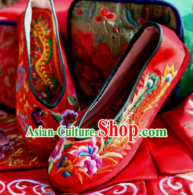 Asian Chinese Traditional Shoes Wedding Bride Red Embroidered Shoes, China Peking Opera Handmade Embroidery Phoenix Hanfu Shoes for Women