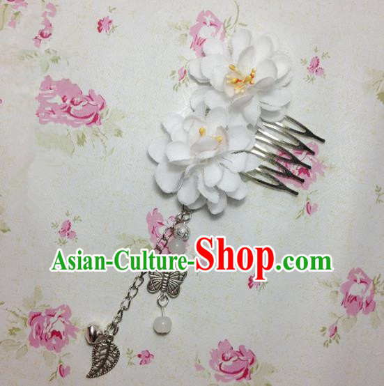 Traditional Chinese Ancient Classical Hair Accessories Hanfu White Flowers Hair Comb Bride Butterfly Tassel Hairpins for Women