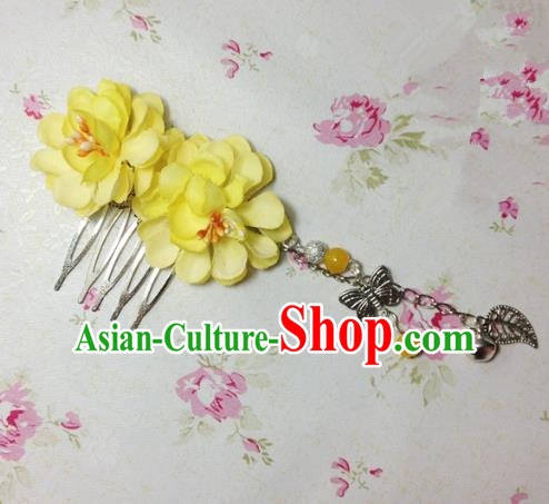 Traditional Chinese Ancient Classical Hair Accessories Hanfu Yellow Flowers Hair Comb Bride Butterfly Tassel Hairpins for Women