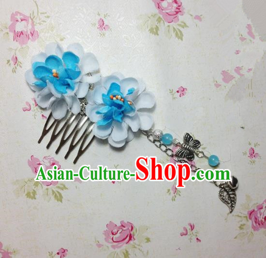 Traditional Chinese Ancient Classical Hair Accessories Hanfu Blue Flowers Hair Comb Bride Butterfly Tassel Hairpins for Women