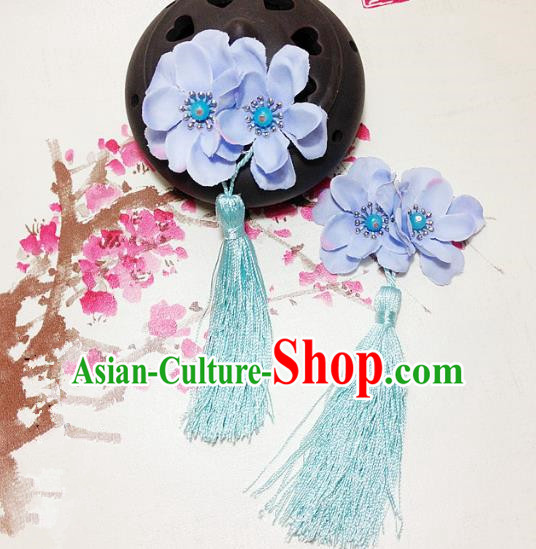 Traditional Chinese Ancient Classical Hair Accessories Hanfu Blue Flowers Tassel Hair Stick Bride Hairpins for Women