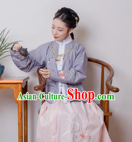 Asian China Ming Dynasty Princess Costume Purple Blouse and Pink Skirt, Traditional Ancient Chinese Palace Lady Embroidered Hanfu Clothing for Women