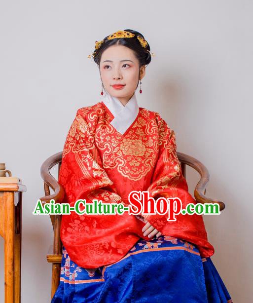 Asian China Ming Dynasty Palace Lady Costume Red Brocade Wedding Blouse, Traditional Ancient Chinese Princess Hanfu Embroidered Clothing for Women