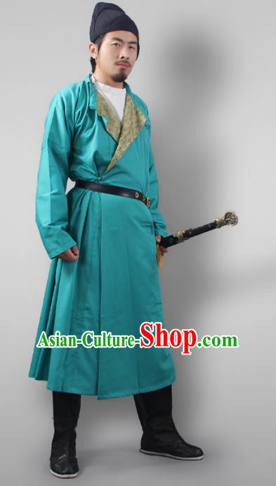 Asian China Tang Dynasty Swordsman Costume Blue Robe, Traditional Ancient Chinese Imperial Bodyguard Clothing for Men