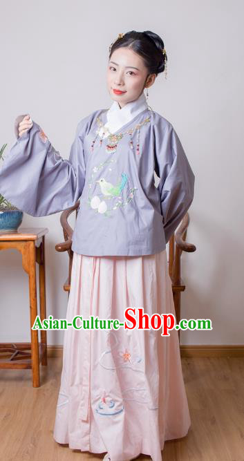 Asian China Ming Dynasty Princess Costume Purple Blouse and Pink Skirt, Traditional Ancient Chinese Palace Lady Embroidered Hanfu Clothing for Women